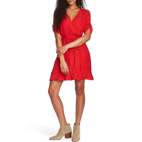 1. State Red Animal Print Short Sleeve Wrap Mini Dress Sz 12 Cherry Red Leopard - Picture 1 of 5